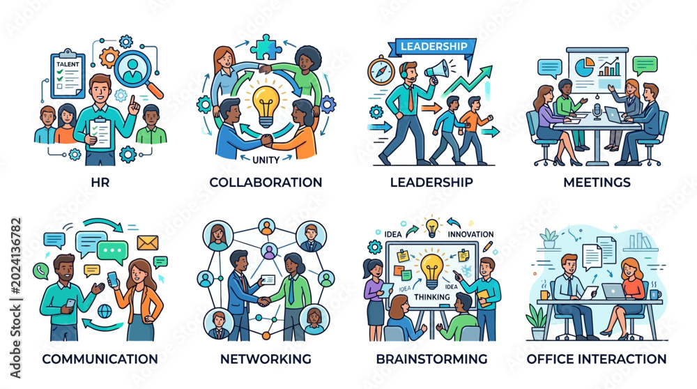 Fototapeta premium Business teamwork icons set, colorful illustrations for collaboration and leadership