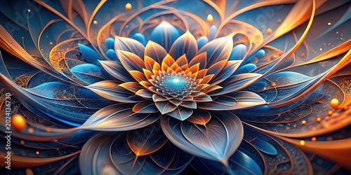 Abstract Blue and Orange Floral Design with Intricate Details and Glowing Center