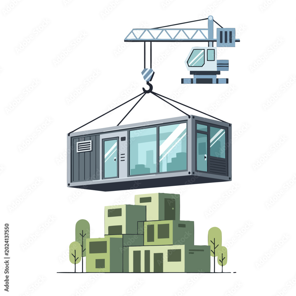Fototapeta premium A construction crane lifting a modular container unit for building