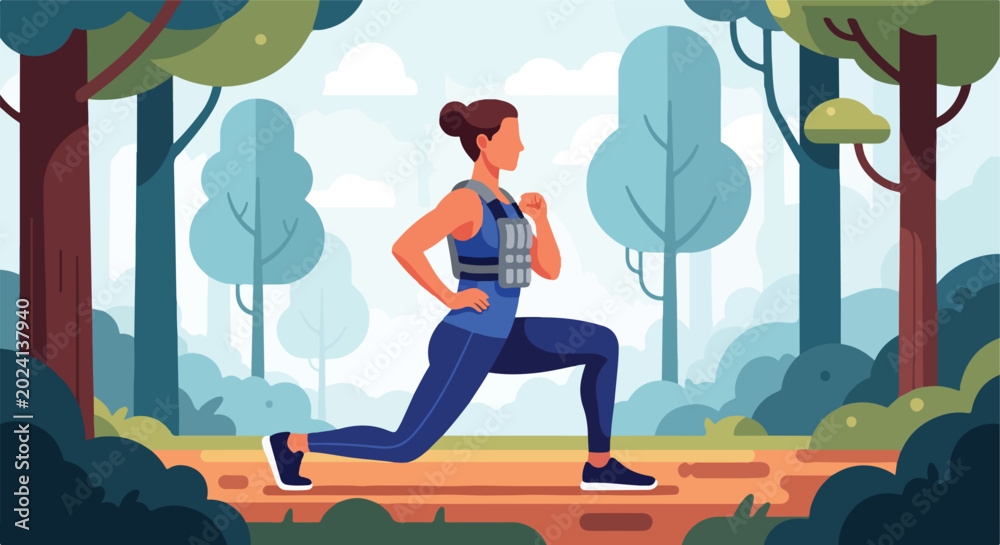 Obraz premium Illustration of woman doing lunge with weighted vest in a stylized park setting