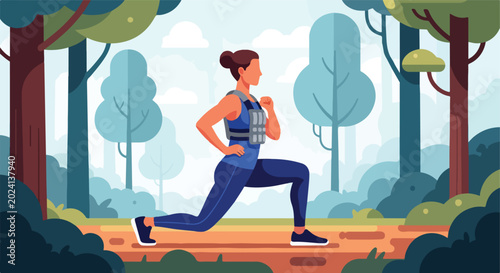 Illustration of woman doing lunge with weighted vest in a stylized park setting