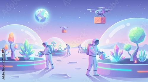 Futuristic sci-fi landscape with glowing domes and flying drone at night