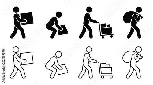 Bild auf Leinwand Set of delivery icons, people carrying boxes and packages, courier with trolley,