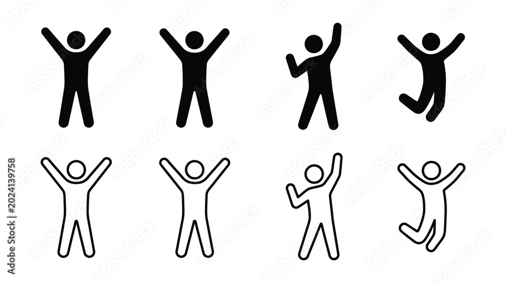Obraz premium Set of happy people icons, stick figures with arms raised, celebrating success, jumping for joy, cheering, vector illustration