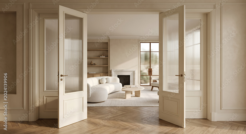 Fototapeta premium An open doorway reveals a modern living room with a curved sofa, coffee table, and fireplace, bathed in soft natural light.