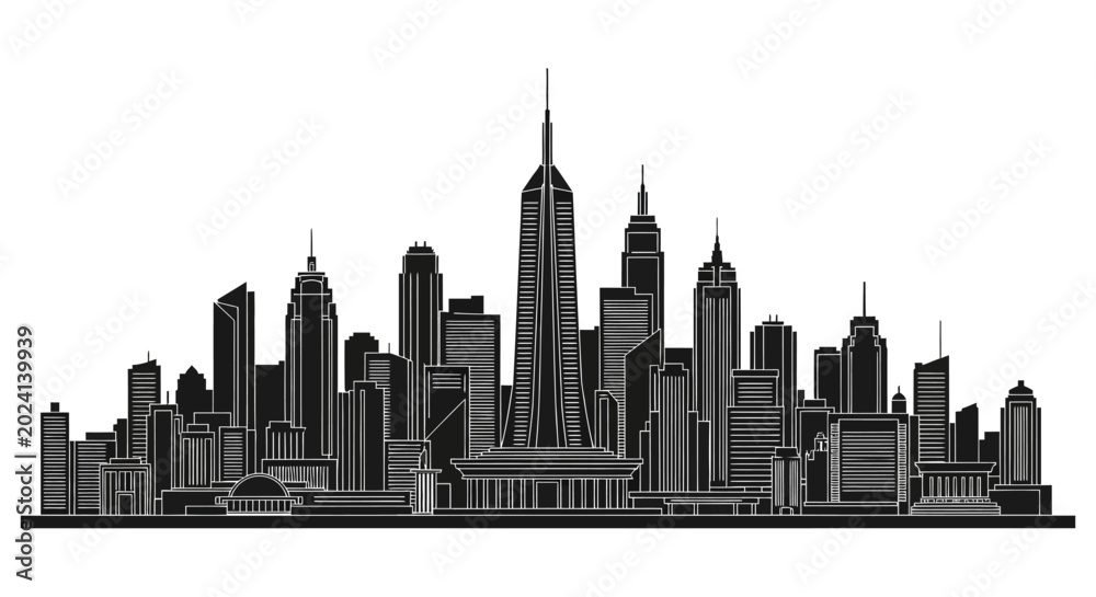Obraz premium Black and white city skyline silhouette illustration