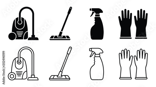 Bild auf Leinwand Set of cleaning tools icons, vacuum cleaner, mop, spray bottle and rubber gloves