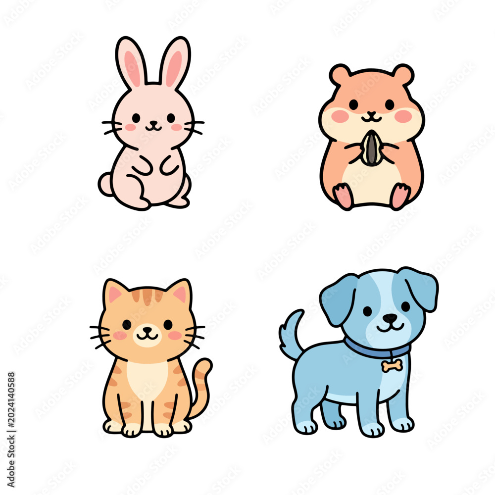 Fototapeta premium Cute Cartoon Animals Set A Delightful Collection of Adorable Bunnies, Hamsters, Cats, and Dogs for Various Uses