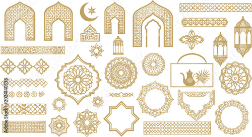 Golden Islamic decorative elements set with traditional patterns and ornaments