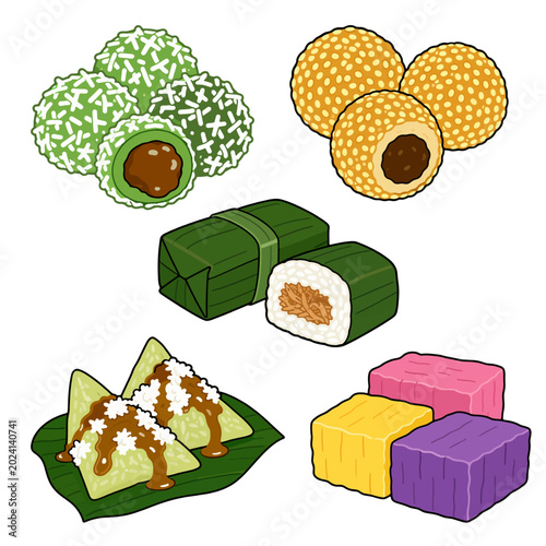 Vector illustration of traditional Asian sweets. Diverse collection glutinous rice cakes, sesame balls, wrapped delicacies, colorful layered desserts