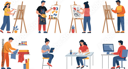 Adult Artists and Designers Creative Character Vector Set with People Painting on Easels Digital Drawing and Fabric Crafting for Studio Workshop Designs