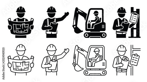 Photos Set of construction worker icons, including engineer with blueprint, foreman wit