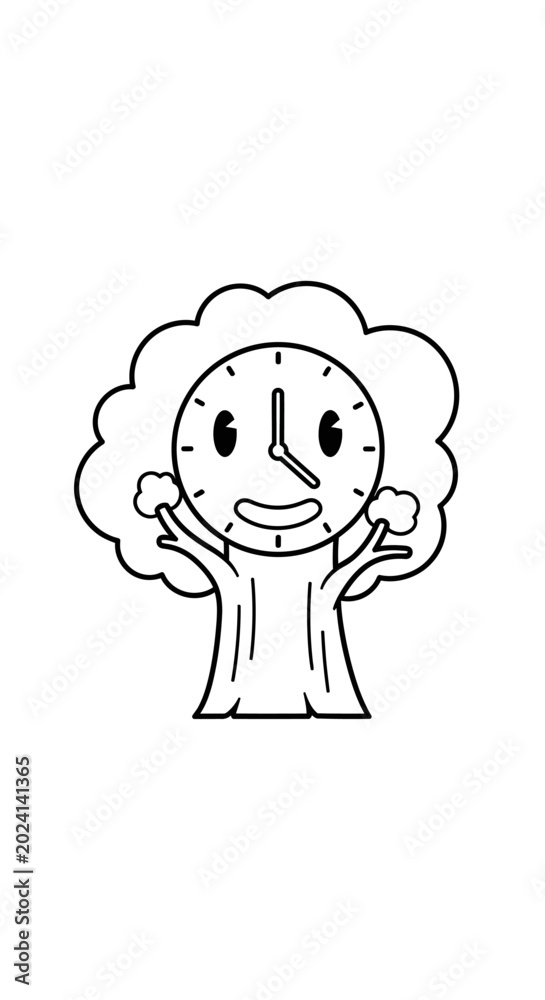 Fototapeta premium Cute Cartoon Tree with Clock Face Smiling - Time Concept