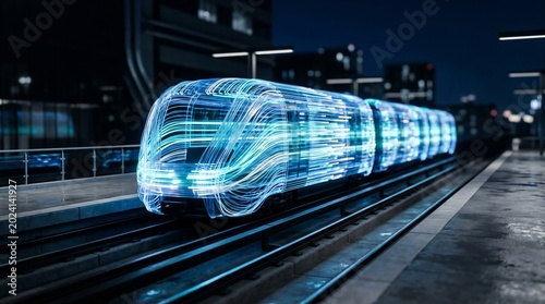 Futuristic high speed train with light streaks moving at night station