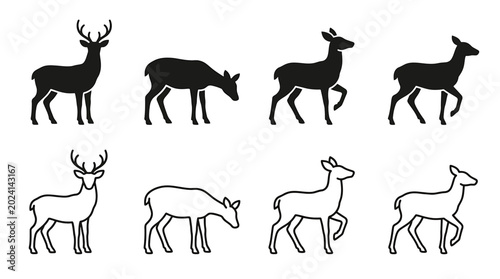 Photography Set of deer silhouettes and line art icons vector illustration of wild animals i