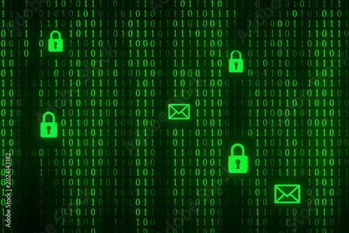 The image displays a digital background of green binary code interspersed with glowing icons of padlocks and envelopes. It represents data security and encrypted communication.