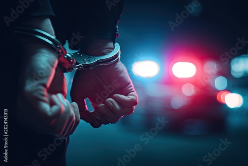 Man's hands cuffed in darkness with police car lights in background during arrest