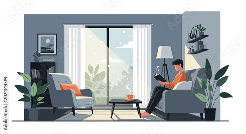 Cuadro en lienzo Cozy living room with person reading book by sunny window