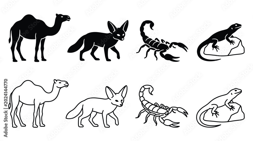 Fototapeta premium Set of desert animals icons, including camel, fennec fox, scorpion and lizard, silhouette and outline style, vector illustration