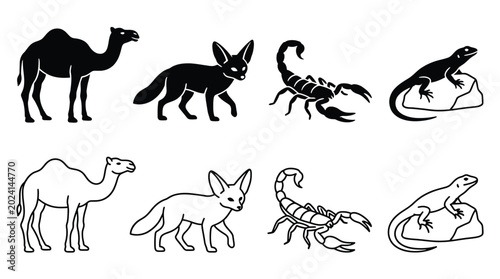 Cuadro en lienzo Set of desert animals icons, including camel, fennec fox, scorpion and lizard, s