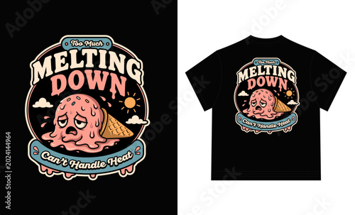 Melting Ice Cream Cone Character with Sad Face on Black T-shirt Design