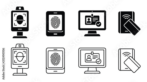 Set of biometric and access control icons, including facial recognition, fingerprint scanner, id card verification, and contactless card reader, vector illustration
