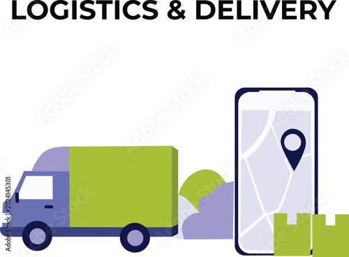 Logistics and Delivery Service Concept with Map Navigation, Smartphone, Delivery Car and Smart Tracking System Illustration
