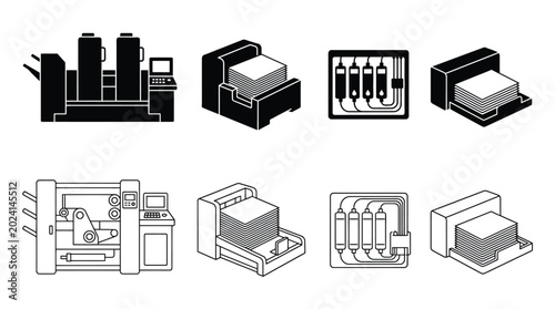 Tableau sur toile Printing press and paper stack icons set industrial printing equipment, offset m
