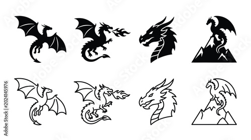 Schilderij op canvas Set of dragon silhouettes, mythical creatures, vector icons, flying dragon, brea
