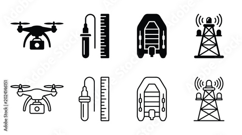 Tableau sur toile Set of vector icons representing drone, measuring tool, inflatable boat and comm