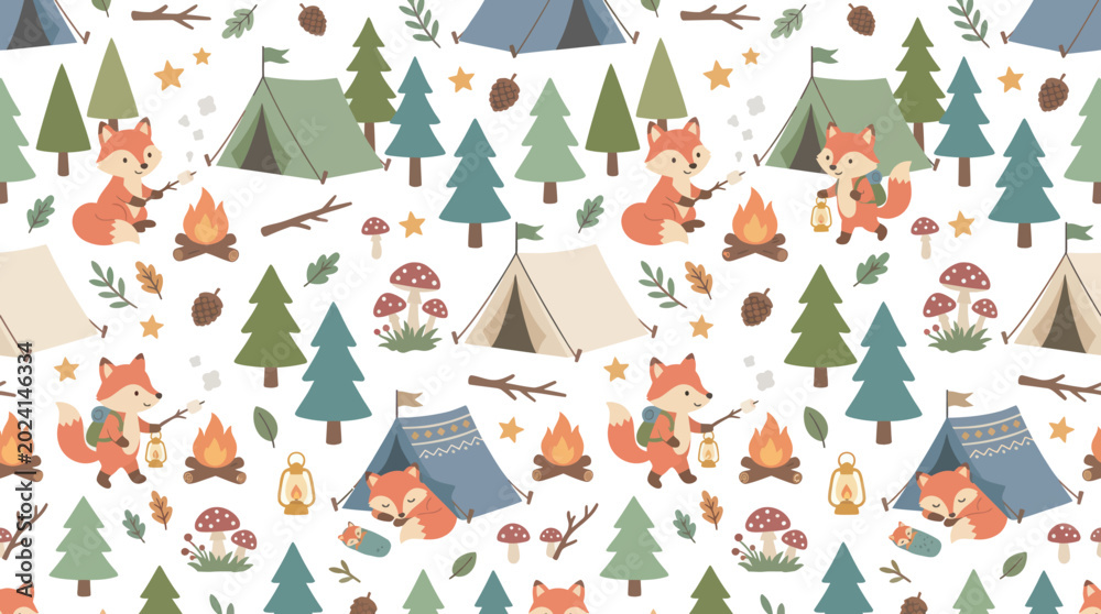 Fototapeta premium Cute Cartoon Foxes Camping in Forest with Tents and Campfires - Seamless Outdoor Nature Pattern for Children
