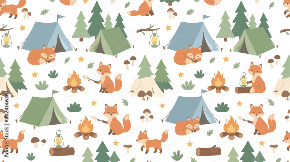 Fototapeta premium Cute Woodland Animals Camping Pattern: Foxes, Tents, Campfires in Flat Vector Art Style