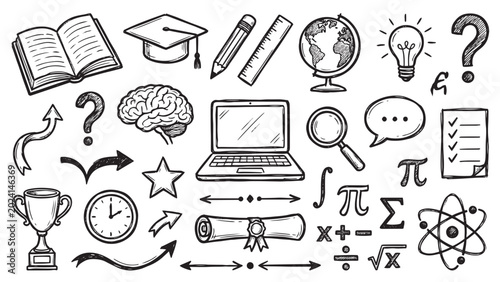Education and learning hand drawn doodle set with graduation study science knowledge research and academic achievement symbols
