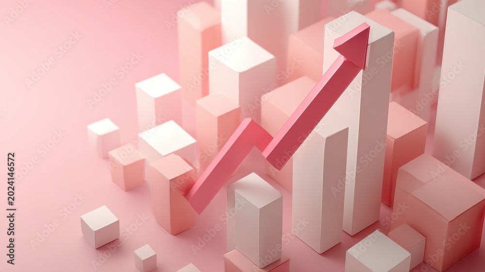 Fototapeta premium Financial success bars, dynamic rising arrow, clean minimal composition, startup revenue growth theme, 3D illustration. 