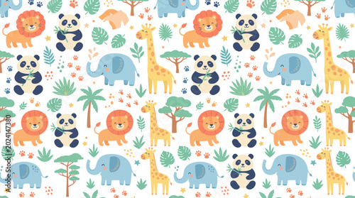 Cute Flat Vector Seamless Pattern of Cartoon Safari and Jungle Animals for Kids Nursery Background