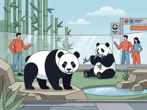 Foto Giant Panda Exhibit at a Modern Zoo with Visitors Watching Endangered Animals, F
