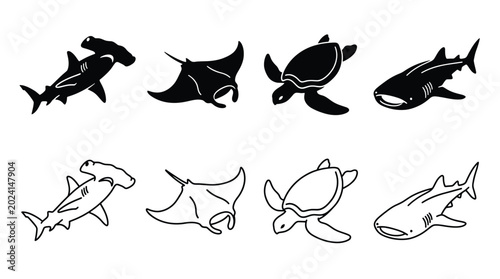 Photography Set of marine animals silhouettes and outline icons, hammerhead shark, manta ray