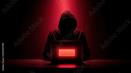 A hooded figure sits in front of a glowing laptop in a dark, red-lit room, symbolizing anonymity and cyber activity.