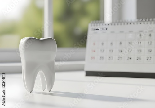 Dental tooth model on desk with calendar in background