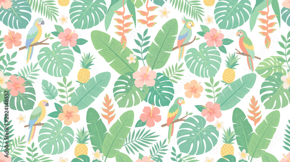 Fototapeta premium Tropical Seamless Pattern with Parrots, Leaves, Flowers, and Pineapples - Flat Style