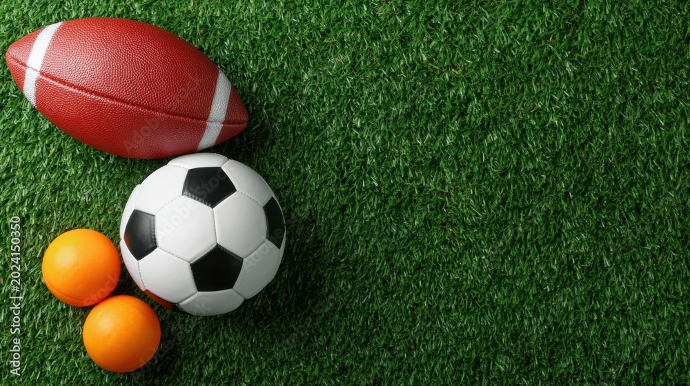 Fototapeta premium Close-up of American football, classic black and white soccer ball, and two orange ping pong balls on vibrant green artificial grass background with space