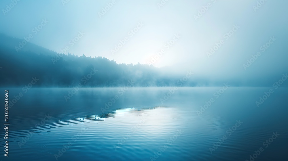 Fototapeta premium Thick fog parting to reveal clear still blue lake, soft morning light, minimalist landscape, mental clarity metaphor, off-center, vast empty sky for text.