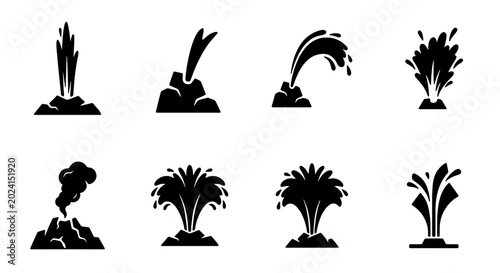 Bild auf Leinwand Water Fountain and Geyser Icons, Liquid Splash and Eruption Vector Set, Dynamic