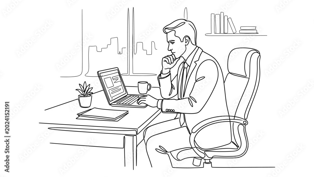 Fototapeta premium A man sitting at a desk with a laptop and coffee.