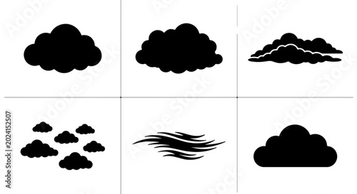 Foto Set of 6 Black Cloud Icons, Weather Symbols, Cumulus and Stratus Formations, Vec