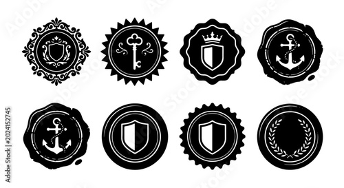 Billede på lærred Vintage Emblem Seals Collection, Retro Heraldic Badges, Nautical Anchor Icons, R