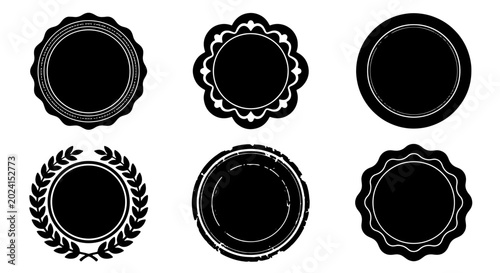 Foto Set of 6 Black Circular Emblems, Badges, and Seals, Vector Graphics for Awards,
