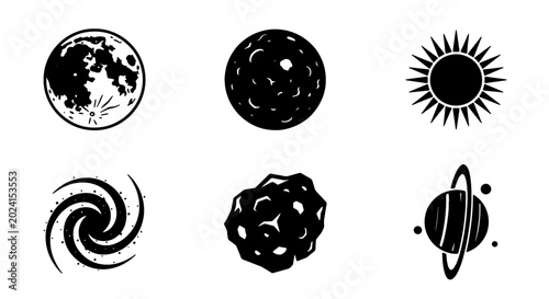 Schilderij op canvas Cosmic Icons Set: Celestial Bodies, Planets, Moon, Sun, Galaxy, Asteroid, Vector