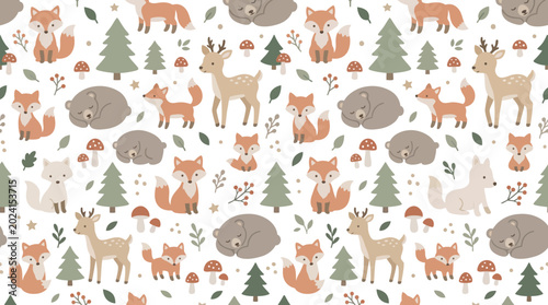 Whimsical Woodland Animal Pattern with Foxes, Deer, and Hedgehogs.