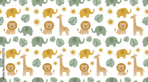Photos Playful seamless pattern featuring stylized lions and foliage in orange and green